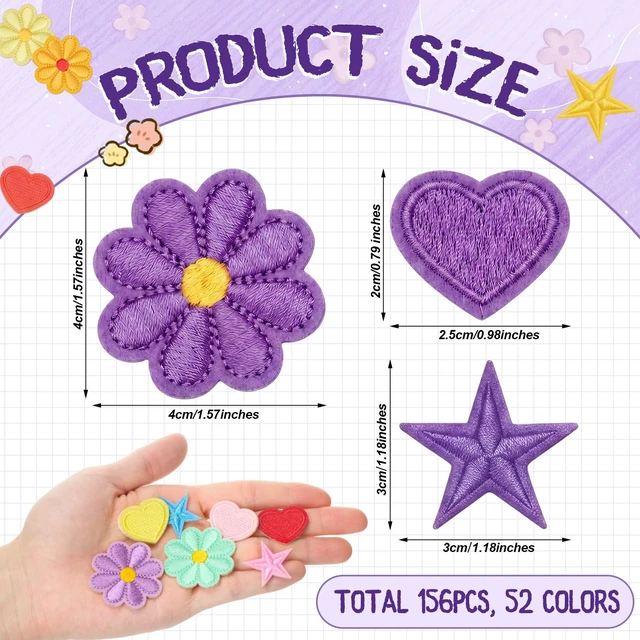 Alt view image 2 of 7 - 156 Pcs Self Adhesive Chenille Patches Preppy, Bright Cute | Gold Trimmed Appliques, Glitter Stick on Stickers for Clothing Hat Jacket Backpack, Embroidered Badges for DIY Craft Repair