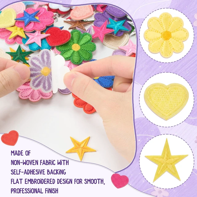 Alt view image 3 of 7 - 156 Pcs Self Adhesive Chenille Patches Preppy, Bright Cute | Gold Trimmed Appliques, Glitter Stick on Stickers for Clothing Hat Jacket Backpack, Embroidered Badges for DIY Craft Repair