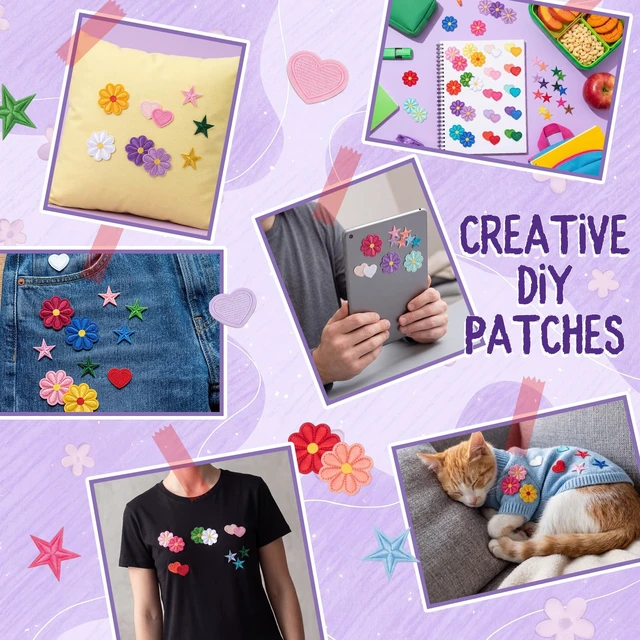 Alt view image 4 of 7 - 156 Pcs Self Adhesive Chenille Patches Preppy, Bright Cute | Gold Trimmed Appliques, Glitter Stick on Stickers for Clothing Hat Jacket Backpack, Embroidered Badges for DIY Craft Repair