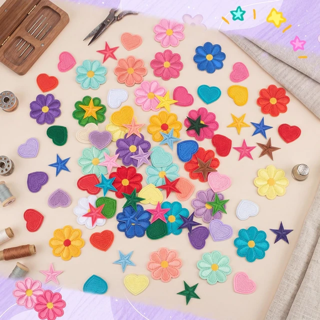 Alt view image 7 of 7 - 156 Pcs Self Adhesive Chenille Patches Preppy, Bright Cute | Gold Trimmed Appliques, Glitter Stick on Stickers for Clothing Hat Jacket Backpack, Embroidered Badges for DIY Craft Repair