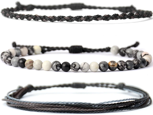Main image of Men's 3-Pack Adjustable Bracelet Set | Natural Stone Beaded + Waxed String + Woven Rope | Waterproof Bracelets Gift for Men