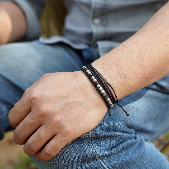 Alt view image 2 of 7 - Men's 3-Pack Adjustable Bracelet Set | Natural Stone Beaded + Waxed String + Woven Rope | Waterproof Bracelets Gift for Men