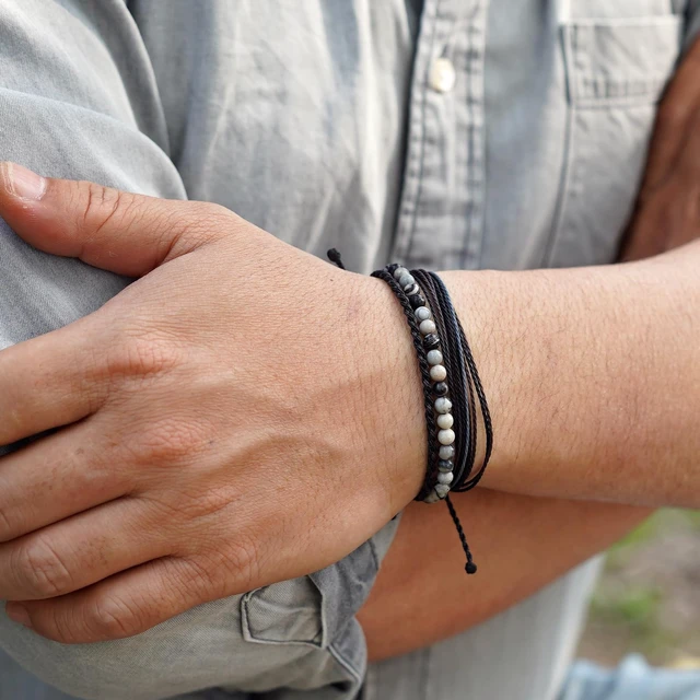 Alt view image 3 of 7 - Men's 3-Pack Adjustable Bracelet Set | Natural Stone Beaded + Waxed String + Woven Rope | Waterproof Bracelets Gift for Men