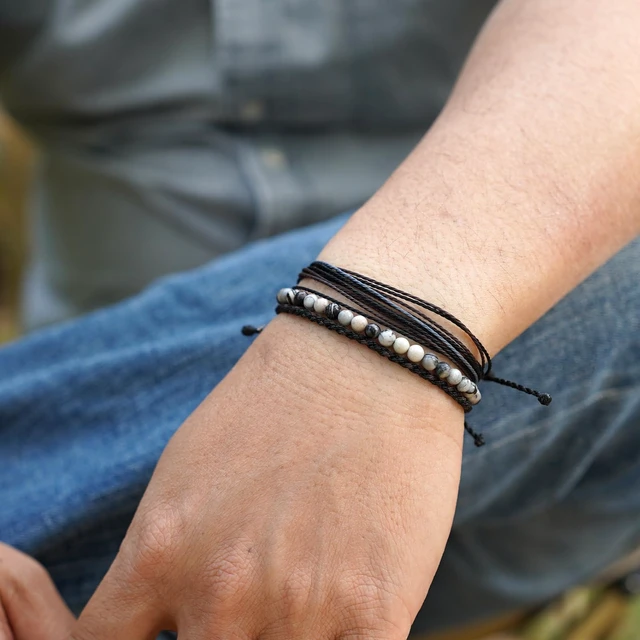 Alt view image 5 of 7 - Men's 3-Pack Adjustable Bracelet Set | Natural Stone Beaded + Waxed String + Woven Rope | Waterproof Bracelets Gift for Men