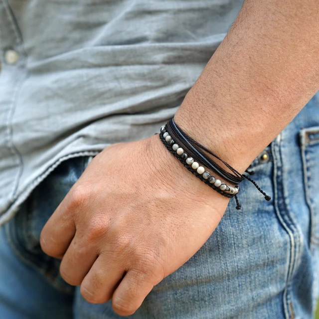 Alt view image 4 of 7 - Men's 3-Pack Adjustable Bracelet Set | Natural Stone Beaded + Waxed String + Woven Rope | Waterproof Bracelets Gift for Men