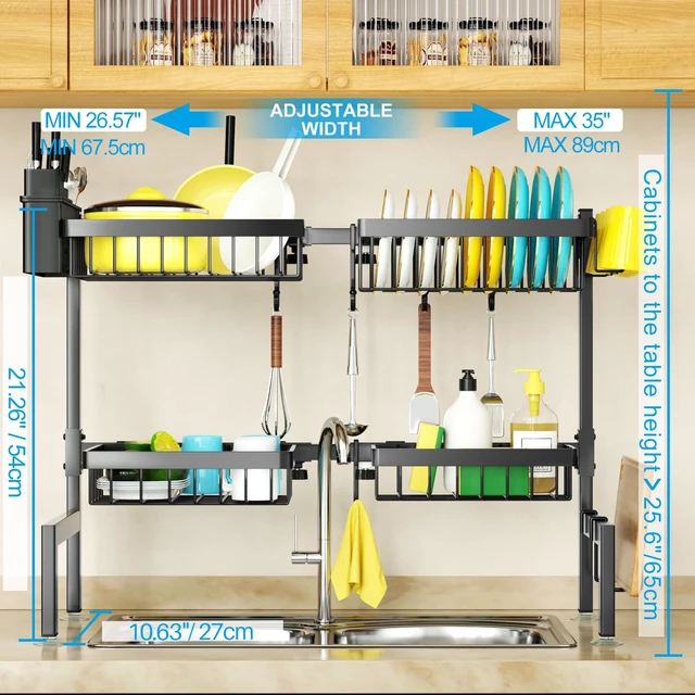 Alt view image 2 of 7 - 4 Baskets 2-Tier Over The Sink Dish Drying Rack, 26.57"-35" | Large Dish Drying Rack for Kitchen, Extensible and Adjustable, Saving Kitchen Space