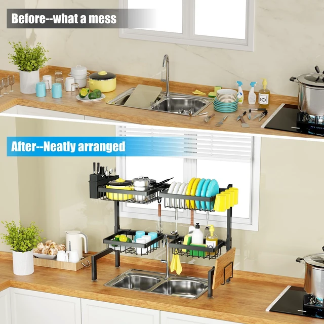 Alt view image 5 of 7 - 4 Baskets 2-Tier Over The Sink Dish Drying Rack, 26.57"-35" | Large Dish Drying Rack for Kitchen, Extensible and Adjustable, Saving Kitchen Space
