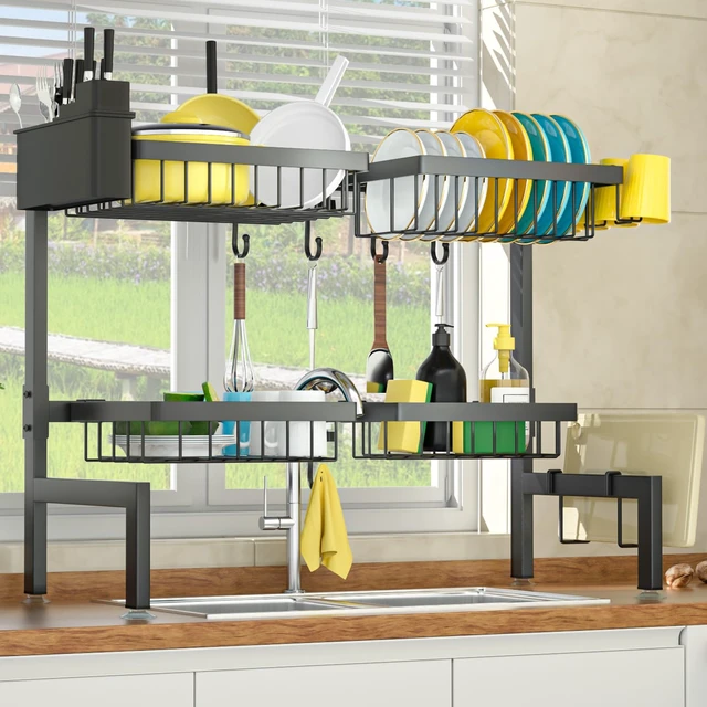Alt view image 7 of 7 - 4 Baskets 2-Tier Over The Sink Dish Drying Rack, 26.57"-35" | Large Dish Drying Rack for Kitchen, Extensible and Adjustable, Saving Kitchen Space