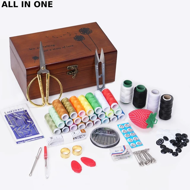 Alt view image 2 of 7 - Wooden Sewing Kit Box, Wooden Sewing Box with Sew Kit Accessories | Sewing Repair Kit Sewing Basket, Basic Sewing Kit for Adults, Beginner Universal Home Sewing Repair Tool Kit Sewing Set