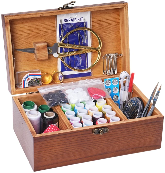 Main image of Wooden Sewing Kit Box, Wooden Sewing Box with Sew Kit Accessories | Sewing Repair Kit Sewing Basket, Basic Sewing Kit for Adults, Beginner Universal Home Sewing Repair Tool Kit Sewing Set