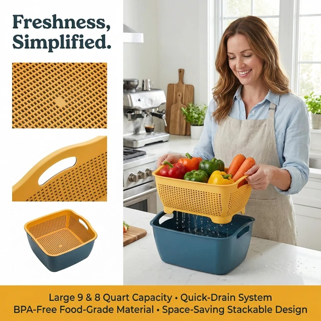 Alt view image 3 of 6 - 2 Pack 9 & 8 Quart Large Kitchen Strainer Colander Bowl Set, Double-Layer Plastic Fruits Vegetable Washing Basket, Drain Bowls for Cleaning Washing Mixing, Detachable (Blue, Orange)