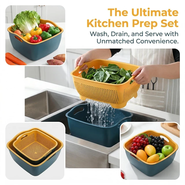 Alt view image 4 of 6 - 2 Pack 9 & 8 Quart Large Kitchen Strainer Colander Bowl Set, Double-Layer Plastic Fruits Vegetable Washing Basket, Drain Bowls for Cleaning Washing Mixing, Detachable (Blue, Orange)