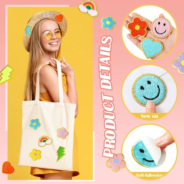 Alt view image 2 of 7 - 80 Pcs Chenille Self Adhesive Iron on Patches DIY | 3D Embroidered Smiley Heart Flower Rainbow, Patch Stickers for Clothing Jacket Bags, Iron on Applique, Chenille No Sew