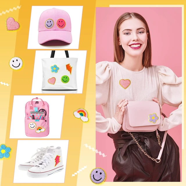 Alt view image 3 of 7 - 80 Pcs Chenille Self Adhesive Iron on Patches DIY | 3D Embroidered Smiley Heart Flower Rainbow, Patch Stickers for Clothing Jacket Bags, Iron on Applique, Chenille No Sew