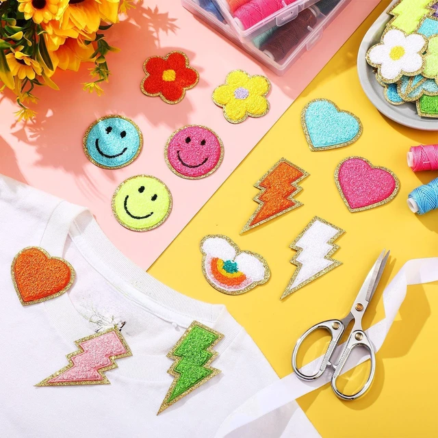 Alt view image 4 of 7 - 80 Pcs Chenille Self Adhesive Iron on Patches DIY | 3D Embroidered Smiley Heart Flower Rainbow, Patch Stickers for Clothing Jacket Bags, Iron on Applique, Chenille No Sew
