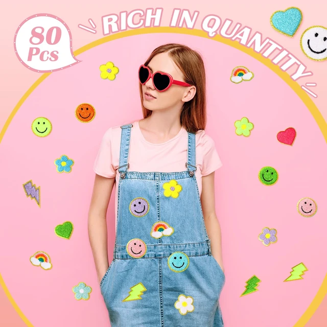 Alt view image 6 of 7 - 80 Pcs Chenille Self Adhesive Iron on Patches DIY | 3D Embroidered Smiley Heart Flower Rainbow, Patch Stickers for Clothing Jacket Bags, Iron on Applique, Chenille No Sew