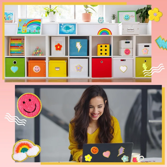 Alt view image 7 of 7 - 80 Pcs Chenille Self Adhesive Iron on Patches DIY | 3D Embroidered Smiley Heart Flower Rainbow, Patch Stickers for Clothing Jacket Bags, Iron on Applique, Chenille No Sew
