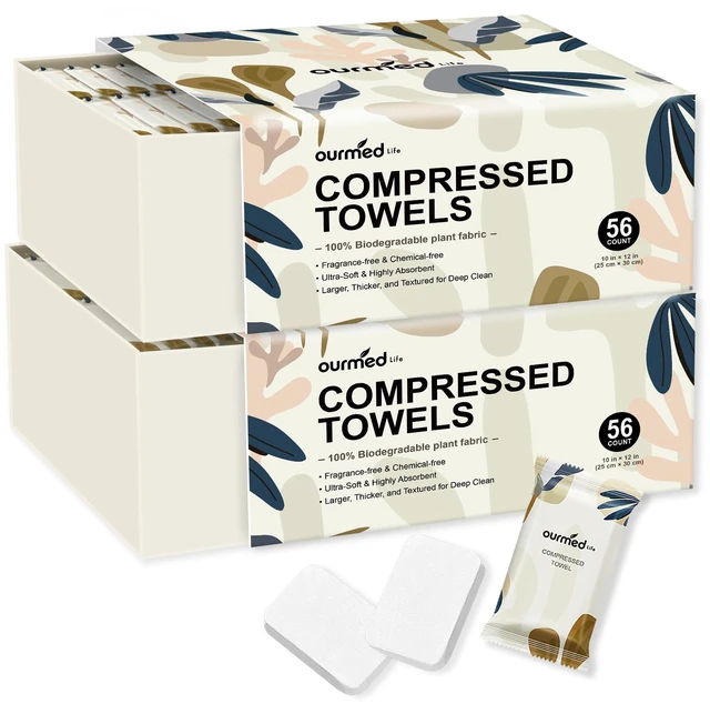 Main image of Compressed Towel, Disposable Washcloths, 12 x 10 In, 112 Count | Travel Essential, Individually Wrapped, Biodegradable, Expand with Water, Lint-Free, Dry & Wet Use,Camping and Hiking
