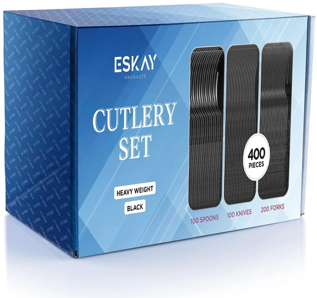 Main image of Heavy Weight Plastic Silverware Set - 200 Forks, 100 Knives, 100 Spoons - Disposable Cutlery Combo (Black)