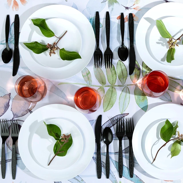 Alt view image 2 of 7 - Heavy Weight Plastic Silverware Set - 200 Forks, 100 Knives, 100 Spoons - Disposable Cutlery Combo (Black)