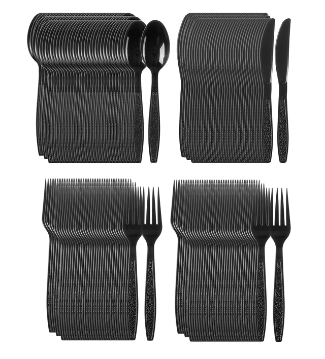 Alt view image 4 of 7 - Heavy Weight Plastic Silverware Set - 200 Forks, 100 Knives, 100 Spoons - Disposable Cutlery Combo (Black)