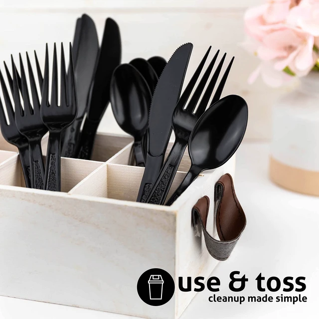 Alt view image 5 of 7 - Heavy Weight Plastic Silverware Set - 200 Forks, 100 Knives, 100 Spoons - Disposable Cutlery Combo (Black)
