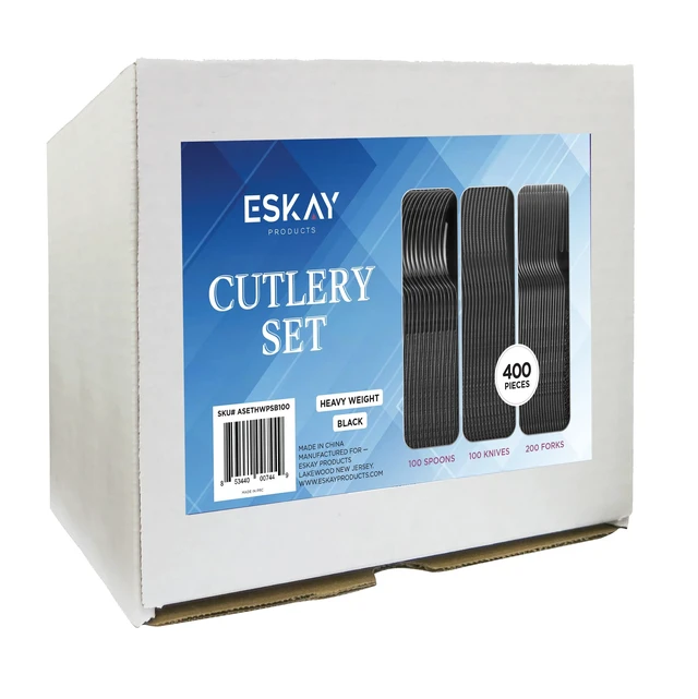 Alt view image 7 of 7 - Heavy Weight Plastic Silverware Set - 200 Forks, 100 Knives, 100 Spoons - Disposable Cutlery Combo (Black)