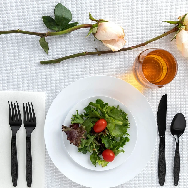 Alt view image 6 of 7 - Heavy Weight Plastic Silverware Set - 200 Forks, 100 Knives, 100 Spoons - Disposable Cutlery Combo (Black)