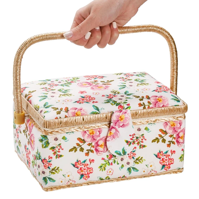 Alt view image 3 of 6 - Sewing Basket with Accessories, Wooden Sewing Kit Storage Box with Removable Tray, Vintage Sewing Kits Carrying Bag for Sewing Mending, Beginner, Professional, Floral Print, Gift for Christmas