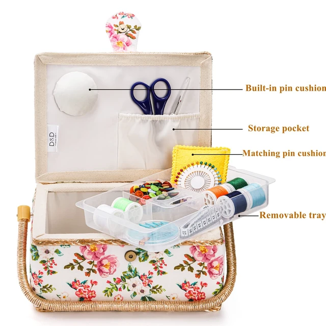 Alt view image 4 of 6 - Sewing Basket with Accessories, Wooden Sewing Kit Storage Box with Removable Tray, Vintage Sewing Kits Carrying Bag for Sewing Mending, Beginner, Professional, Floral Print, Gift for Christmas