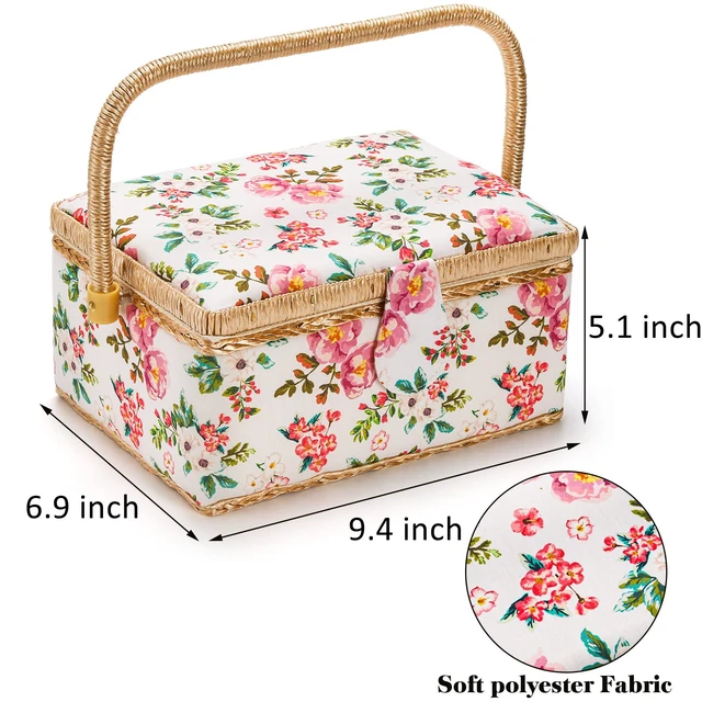 Alt view image 2 of 6 - Sewing Basket with Accessories, Wooden Sewing Kit Storage Box with Removable Tray, Vintage Sewing Kits Carrying Bag for Sewing Mending, Beginner, Professional, Floral Print, Gift for Christmas