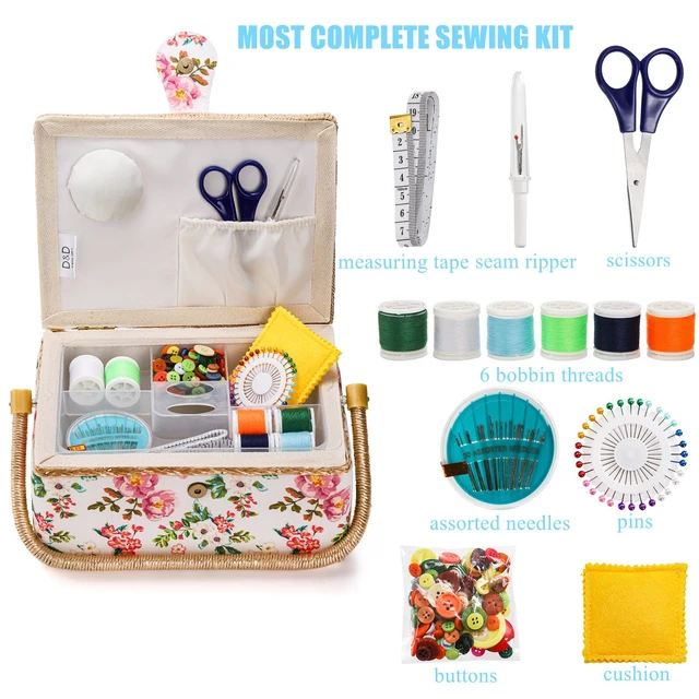 Alt view image 5 of 6 - Sewing Basket with Accessories, Wooden Sewing Kit Storage Box with Removable Tray, Vintage Sewing Kits Carrying Bag for Sewing Mending, Beginner, Professional, Floral Print, Gift for Christmas