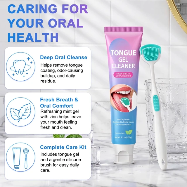 Alt view image 2 of 7 - Tongue Cleaner Gel with Tongue Brush,Tongue Cleaner for Bad Breath Removal,Oral Care Kit for Men & Wowen, Tongue Cleaning Kit for Fresh Breath, Remove Tongue Coating, Fresh Mint Flavor-2 Pack