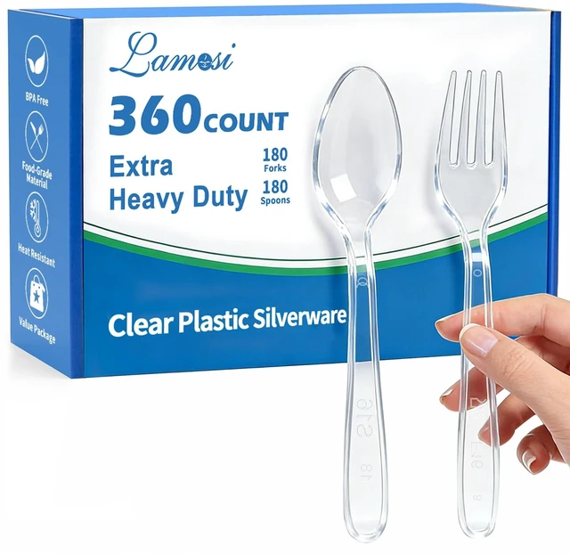 Main image of 360 Count Extra Heavy Duty Clear Plastic Forks and Spoons | Disposable Plastic Silverware BPA-Free, Heat Resistant for Wedding Party Supplies, 180 Forks, 180 Spoons