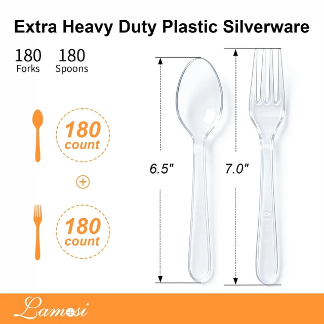Alt view image 2 of 7 - 360 Count Extra Heavy Duty Clear Plastic Forks and Spoons | Disposable Plastic Silverware BPA-Free, Heat Resistant for Wedding Party Supplies, 180 Forks, 180 Spoons