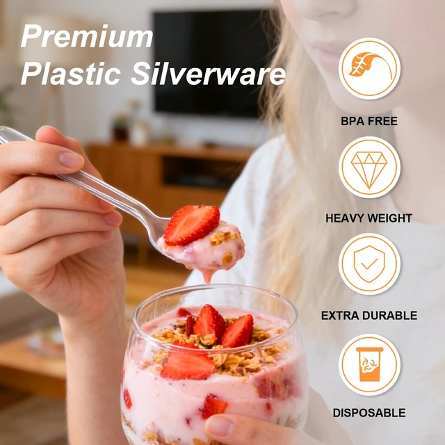 Alt view image 3 of 7 - 360 Count Extra Heavy Duty Clear Plastic Forks and Spoons | Disposable Plastic Silverware BPA-Free, Heat Resistant for Wedding Party Supplies, 180 Forks, 180 Spoons