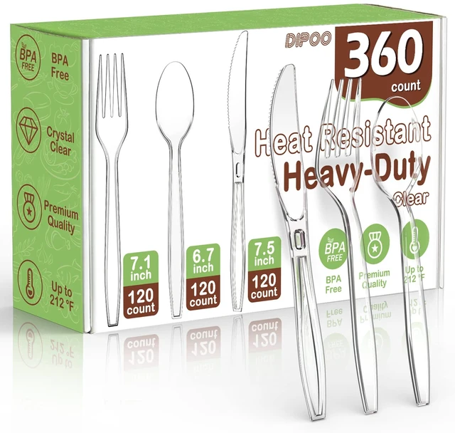 Main image of 360 Count Plastic Silverware Heavy Duty, 120 Forks, 120 Spoons, 120 Knives | Heat Resistant & BPA Free Disposable SilverWare, Disposable Cutlery set, Premium Clear Utencils for Party Supply