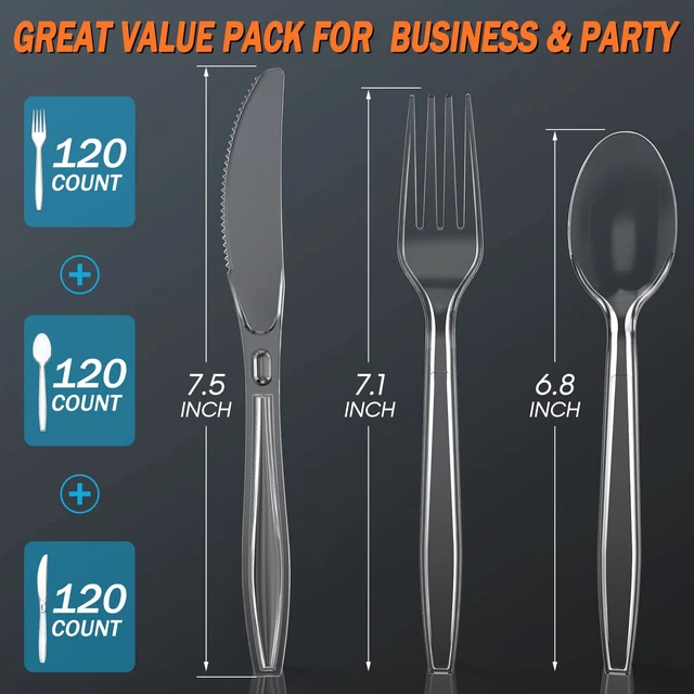 Alt view image 2 of 6 - 360 Count Plastic Silverware Heavy Duty, 120 Forks, 120 Spoons, 120 Knives | Heat Resistant & BPA Free Disposable SilverWare, Disposable Cutlery set, Premium Clear Utencils for Party Supply