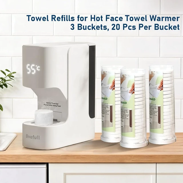 Alt view image 5 of 7 - Towel Refills for Hot Face Towel Heater Machine, 60 Pcs Disposable Compressed Face Towels for Smart Towel Warmer, 3 Buckets, 20 Pcs Per Bucket