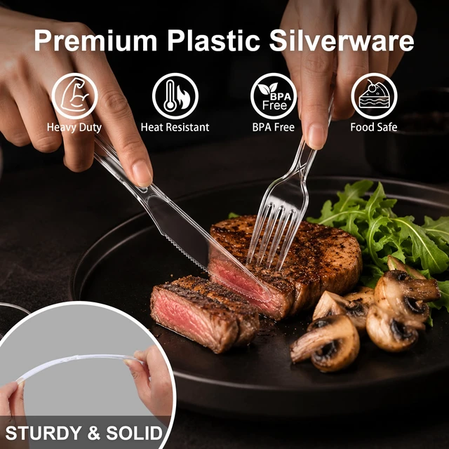 Alt view image 3 of 7 - 360 Count Extra Heavy Duty Plastic Silverware Disposable Plasticware | BPA-Free, Heat Resistant, Disposable Clear Utensils Set, Plastic Cutlery Set Bulk for Parties, Events and Everyday Use