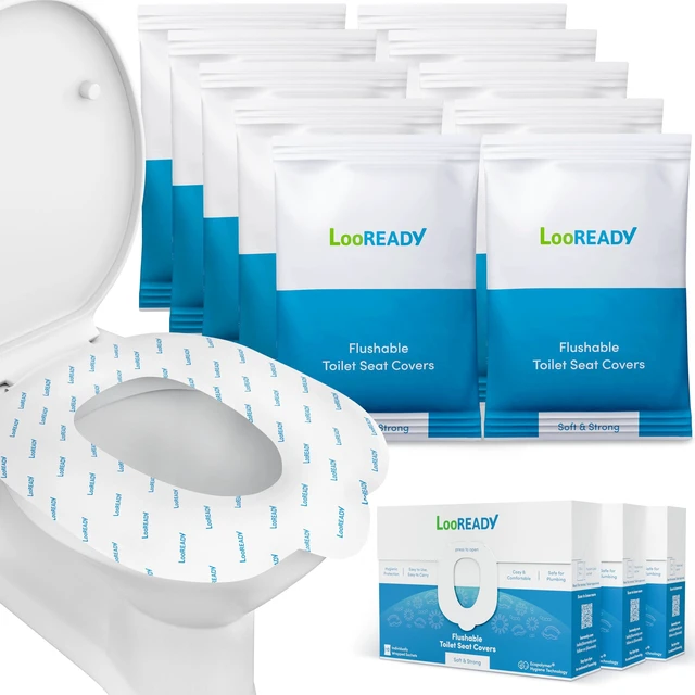Main image of Toilet Seat Covers Disposable Flushable - Regular Size (16x19) - Travel Size Individually Wrapped, Soft & Strong, Pocket Size for Public Restrooms at the Office, for Commuters or Holiday (30 Pack)