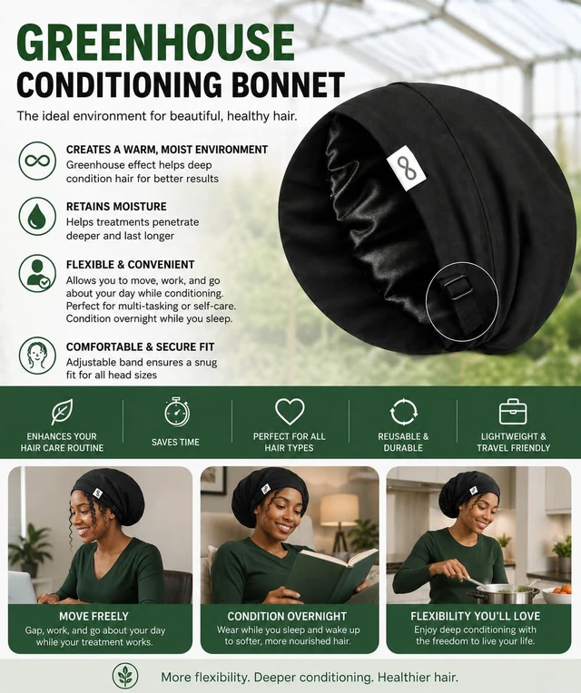 Alt view image 2 of 7 - Greenhouse Conditioning Bonnet, Hyration, Moisture Retention, Heat Trap Sleep Cap, that is OilProof, with Adjustable Straps, for Deep Conditioning, and Pre-Poo-for Curly, Natural, Coily & Dry Hair