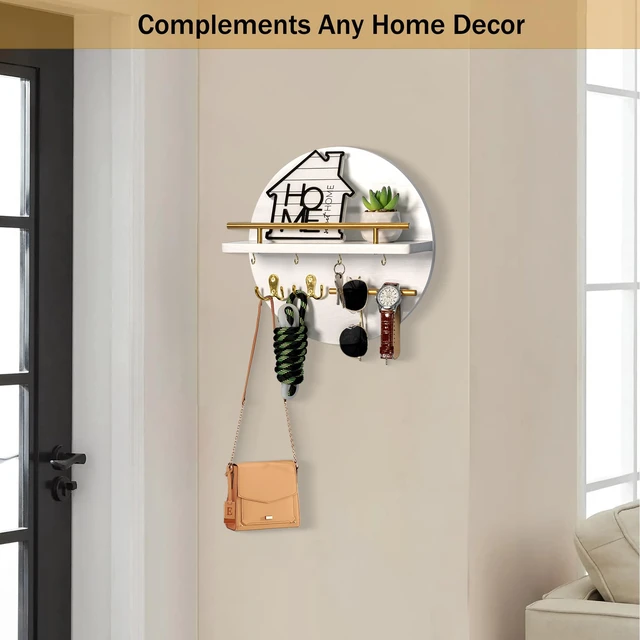 Alt view image 2 of 7 - Key Holder Wall Mount with Shelf and Hooks, Mail Organizer for Wall, White | Decorative Cute Circular Design Key Hanger, Wood Entryway Key Rack with Sunglasses Holder, Home Decor Boho Wall Decor