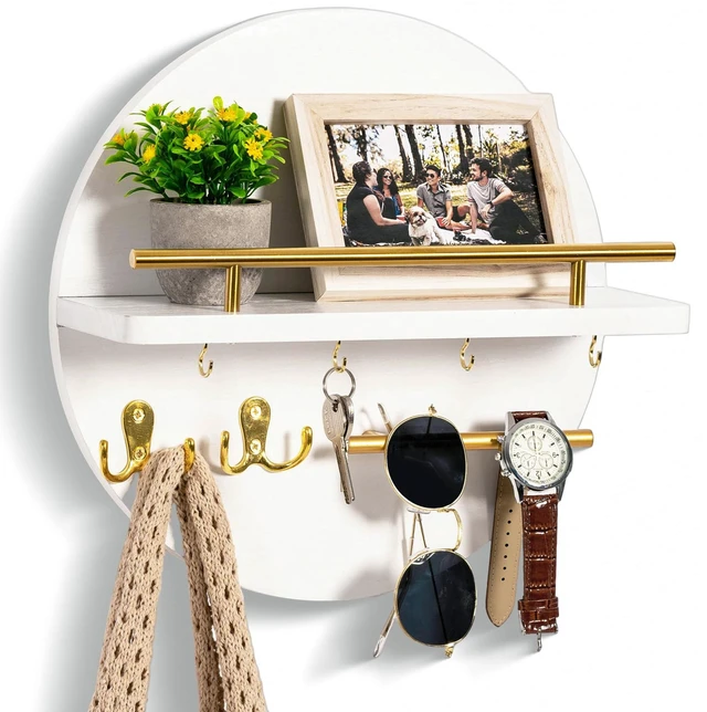 Main image of Key Holder Wall Mount with Shelf and Hooks, Mail Organizer for Wall, White | Decorative Cute Circular Design Key Hanger, Wood Entryway Key Rack with Sunglasses Holder, Home Decor Boho Wall Decor