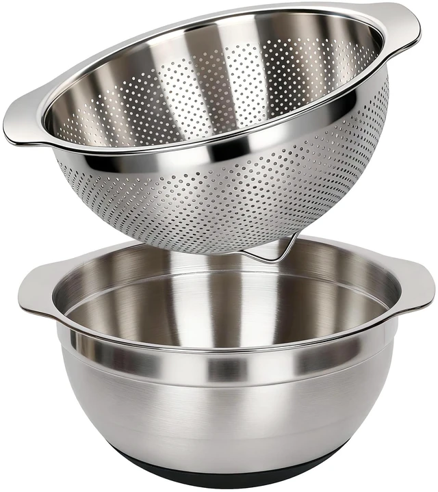 Main image of 304 Stainless Steel Colander, 2.5 QT Capacity and 2.5 QT Mixing Bowl, Micropore Strainer for Washing Rice, Fruit, and Veggies, Perfect Draining for Cooked Pasta
