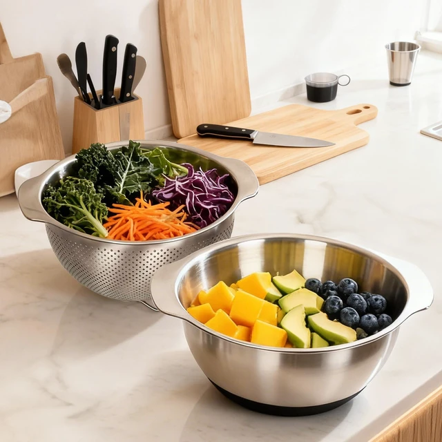 Alt view image 3 of 7 - 304 Stainless Steel Colander, 2.5 QT Capacity and 2.5 QT Mixing Bowl, Micropore Strainer for Washing Rice, Fruit, and Veggies, Perfect Draining for Cooked Pasta