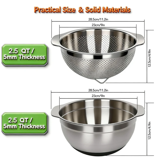Alt view image 5 of 7 - 304 Stainless Steel Colander, 2.5 QT Capacity and 2.5 QT Mixing Bowl, Micropore Strainer for Washing Rice, Fruit, and Veggies, Perfect Draining for Cooked Pasta