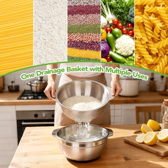 Alt view image 4 of 7 - 304 Stainless Steel Colander, 2.5 QT Capacity and 2.5 QT Mixing Bowl, Micropore Strainer for Washing Rice, Fruit, and Veggies, Perfect Draining for Cooked Pasta