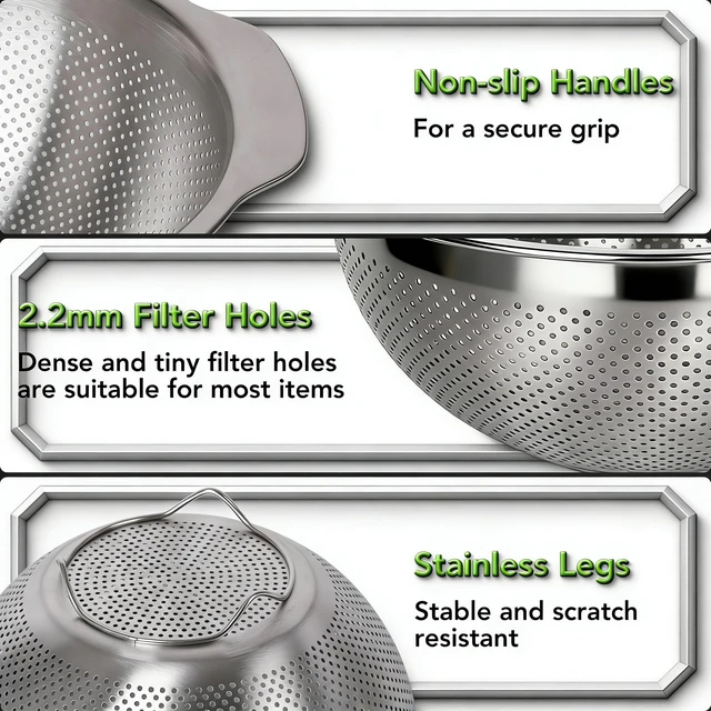 Alt view image 6 of 7 - 304 Stainless Steel Colander, 2.5 QT Capacity and 2.5 QT Mixing Bowl, Micropore Strainer for Washing Rice, Fruit, and Veggies, Perfect Draining for Cooked Pasta