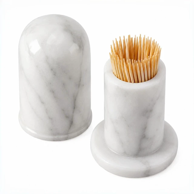 Main image of Marble Toothpick Holder with Lid, Countertop Organizer | Natural marble stone, small countertop size, with lid to keep clean, kitchen table dining room decor, gift for housewarming